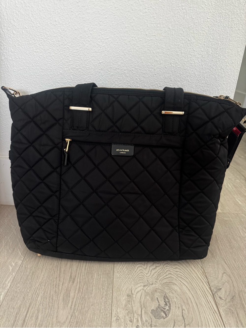 Storksak Black Quilted Tote Diaper Bag with Gold Accents